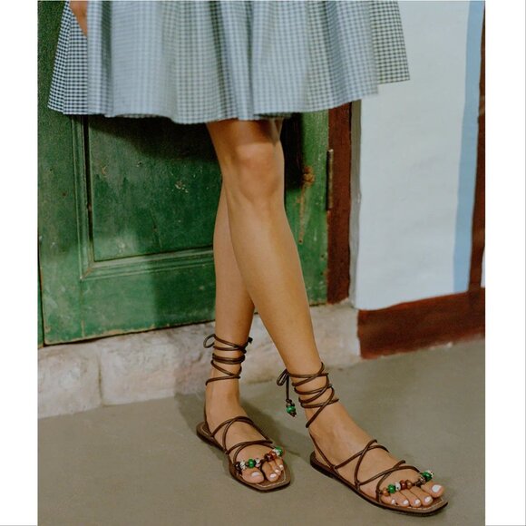 LOEFFLER RANDALL Colleen Ankle Tie Sandals Size 8.5 Brown Leather Beaded NEW - Picture 6 of 13